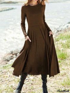 Olivia Mark - Classic Long-Sleeved Maxi Dress Khaki Dress For Fall, Khaki Fall Dress, Solid Color Khaki Fall Dress, Casual Brown Winter Dress, Fitted Fall Midi Dress With Pockets, Solid Dresses With Pockets For Fall, Knee-length Khaki Dress For Fall, Khaki Knee-length Dress For Fall, Khaki Knee-length Fall Dress