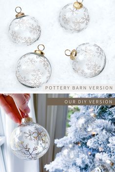 three glass ornaments hanging from a christmas tree with snow on the ground and in front of it