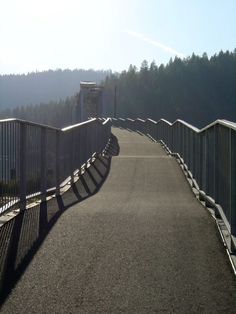 an empty walkway with railings and trees in the background