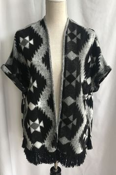 Black One Size Open Front Cardigan, One Size Black Open Front Cardigan, Aztec Pattern, Black Fringe, Turn Up, Measurement Length, Cardigan Jacket, Front Open, Jeans And Boots