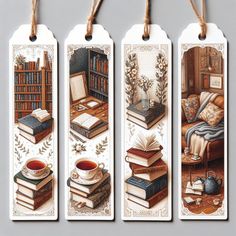 three bookmarks with pictures of books on them and coffee mugs in the middle