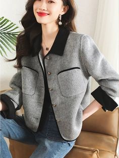 Size Length (cm) Bust (cm) Shoulder (cm) Sleeve (cm) S 55 108 43 56 M 56 112 44 57 L 57 116 45 58 XL 58 120 46 59 XXL 59 124 47 60 Jacket Korean, Elegant Office, Running Shorts Women, Grey Tweed, Lady Grey, Collared Coat, Casual Coat, Office Lady, Outerwear Coats