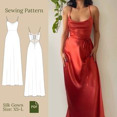 a woman in a long red dress standing next to a plant and wearing the sewing pattern