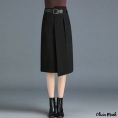 Olivia Mark - Asymmetric Midi Skirt in Solid Color with High Waist Design Chic Asymmetrical Hem Bottoms For Work, Asymmetrical Workwear Bottoms For Spring, Asymmetrical Solid Bottoms For Work, Asymmetrical Solid Bottoms For Workwear, Asymmetrical Bottoms For Workwear In Fall, Asymmetrical Pleated Skirt For Work, Office Bottoms With Asymmetrical Hem For Spring, Chic Asymmetrical Hem Bottoms For Office, Fitted Bottoms With Asymmetrical Hem For Office