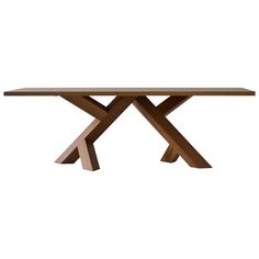 a wooden table with two intersecting legs on it's end, against a white background