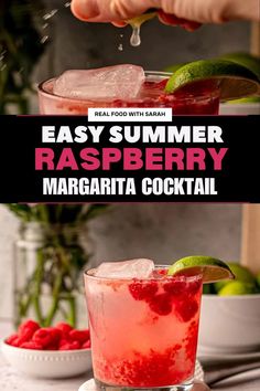 the easy summer raspberry margarita cocktail is ready to be served with ice and lime