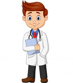 a cartoon doctor holding a clipboard and looking at the camera with a smile on his face