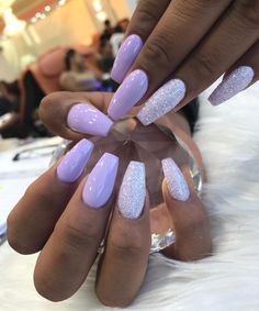 Wedding Nails Design Purple, Purple Nail Inspo Coffin, Light Purple Acrylic Nails Coffin Short, Light Purple Nails Medium Length, Lavender White And Silver Nails, Simple Purple Gel Nails, Purple Prom Nails Coffin, Nail Art With Rhinestones Simple, Lilac White Nails