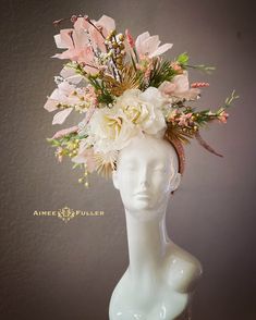 A burst of floral glory in pretty pink and off-white tones. Gold detail. Easy-to-wear, comfortable, sparkling headband fascinator with dramatic feathers and silk roses. Perfect for Easter., Royal Ascot, bridal, Kentucky Derby, Kentucky Oaks, Del Mar Races, hat contests, Central Park Hat Luncheon, church, galas, Melbourne Cup, high tea, weddings, cocktail parties, and more. *FREE SHIPPING Handmade by Aimee Fuller of Southern California White Hat With Structured Crown For Spring, White Structured Crown Hat For Spring, White Flower Hat For Royal Ascot, White High Crown Fascinator For Spring, Cream Headpiece For Spring Garden Party, Pink Structured Crown Headpiece For Spring, Pink Spring Headpiece With Structured Crown, White Summer Headpieces For Garden Party, White Spring Headpiece With Short Brim