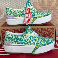 New In The Box No Lid Authentic Women’s Vans Era Stacked Wavy Daze Tile Blue Vnoa4btoces Platforms - Athletic Shoes - Sneakers Drippy Shoes, Vans Fashion, Painted Vans, Colorful Sneakers, Vans Era, Shoes Outfit Fashion, Classy Shoes, Shoes Vans, Bling Shoes