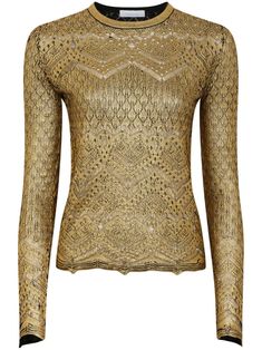 gold-tone knitted construction tricot knit metallic effect crew neck long sleeves straight hem Elegant Gold Sweater For Winter, Elegant Gold Winter Sweater, Chic Gold Winter Sweater, Fitted Gold Tops For Winter, Gold Long Sleeve Top For Evening, Elegant Crew Neck Sweater For Party, Fine Knit Long Sleeve Party Sweater, Party Long Sleeve Textured Knit Tops, Winter Party Fine Knit Sweater