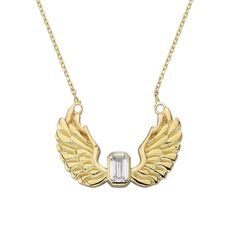 The 14K Gold Angel Wings Necklace is a stunning and meaningful piece of jewelry. Featuring dainty CZ baguette stones, this necklace beautifully captures the elegance and grace of angel wings. It's an excellent choice for an anniversary gift, symbolizing protection and love, or as a thoughtful gift for a bride on her special day. The delicate design makes it versatile for both everyday wear and special occasions, adding a touch of sparkle and sentiment to any outfit. This necklace is sure to be c Gold Sterling Silver Necklaces With Baguette Diamonds, Baguette Diamond Cut Jewelry Gift, Luxury Baguette Cut Necklace For Gift, Baguette Cubic Zirconia Jewelry Gift, Gold Necklaces With Baguette Diamonds As Gift, Gold Sterling Silver Necklace With Baguette Diamonds, Gold Baguette Jewelry With Diamond Cut, Gold Baguette Cut Necklace For Anniversary, Baguette Diamond Jewelry Gift