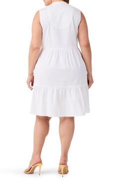 A tiered skirt and ruffle trim at the neckline add fun flourishes to this casual-chic sleeveless dress. 40" length (size 2X) Front button closure Split neck Sleeveless Unlined 98% cotton, 2% spandex Machine wash, dry flat Imported Ruffle Trim, Nordstrom Dresses, Casual Chic, Sleeveless Dress, Nordstrom, White, Color