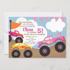 a birthday party with monster trucks and flags on the front, and an envelope in the back