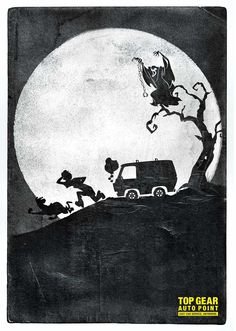 a black and white photo of a van in front of a full moon with a monkey on the tree