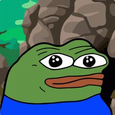 a cartoon frog with big eyes standing in front of a rock formation and looking at the camera