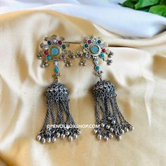 German Silver Multicolor Tassel Jhumka Earrings. Size : 5 inches approx  Color of the stones can we different. LIGHT WEIGHT Navratri Earrings, Desi Earrings, American Diamond Necklaces, Oxidized Necklace, Types Of Earrings, Western Earrings, Indian Earrings, Ethnic Earrings, Kundan Necklaces