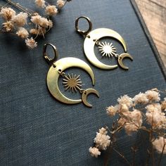 Sun and Moon Brass Earrings Leverbacks Big Earrings | Etsy Brass Moon Charm Jewelry, Nickel-free Adjustable Moon Shaped Jewelry, Nickel-free Adjustable Moon-shaped Jewelry, Elegant Brass Earrings With Moon Charm, Adjustable Crescent Brass Jewelry, Celestial Drop Earrings For Everyday, Celestial Adjustable Nickel-free Jewelry, Gold Moon Shaped Metal Hoop Earrings, Gold Moon-shaped Metal Hoop Earrings