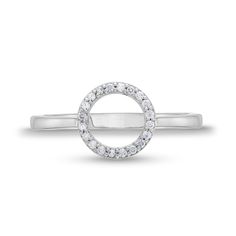 Top off your casual or dressy attire with this sophisticated diamond open circle ring. Sterling Silver Features a diamond-lined open circle at the center and slightly tapered polished shank 1/10 ct. t.w. of diamonds Minimalist Round Diamond Ring With Accents, Modern Stackable Rings With Diamond Accents, Classic Diamond Open Ring With Halo Design, Classic Open Diamond Ring With Halo Design, Diamond Stackable Open Rings With Halo, Formal Diamond Ring With Halo Design And Open Shape, Halo Design Diamond Ring With Round Band, Modern Round Diamond Ring With Halo Setting, Minimalist Round Cut Diamond Ring With Halo Setting