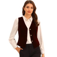 Matched with blazer outwear adding an urban edge, matched shirts for the professional look, paired with leather jeans for a western or county look, or just over a big poet-type shirt for the Renaissance Faire, a great accessory for a pirate, renaissance medieval, or theatrical costume. This vest can always bring you a surprise for the whole year. It is suitable for many occasions, such as work, business, daily wear, shopping, and more. Waistcoat Pattern, Women's Waistcoat, Elegant Vest, Womens Waistcoat, Velvet Vest, Burgundy Velvet, Velvet Blouses, Vintage Vest, Graduation Celebration