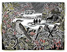 a drawing of birds in the snow with trees and people walking around it, on a snowy day