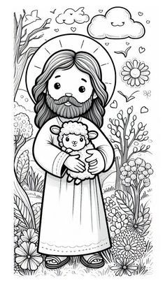 jesus holding a lamb in his arms with flowers and clouds behind him, on a white background