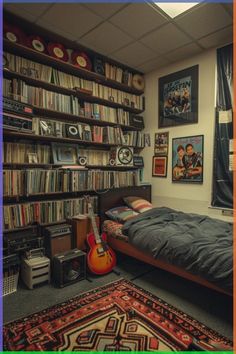 Set up your dorm room with music-inspired decor, such as vinyl record wall art, band posters, and a space for your instruments or sound system. This personalized space can inspire creativity and relaxation. Tap for more music-themed dorm decor ideas. Vinyl Record Room Ideas, Art Themed Bedroom, Vinyl Room Ideas, Music Bedroom Ideas, Record Room Ideas, Band Poster Wall, Rock Bedroom, Music Themed Bedroom, Dorm Decor Ideas