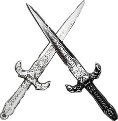 two crossed swords sitting side by side on top of each other, one with an intricate design