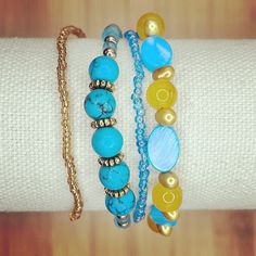 Set of four (4)  bracelets. Three (3) are made with stretch cord, and one (1) is made with stainless steel nylon coated wire with a lobster claw closure. Made with lots of love ! ❤️ ▪️colors: blue | yellow | gold Lobster Claw, Bracelet Set, Blue Yellow, Jewelry Bracelets, Handmade Items, Accessory Gift, Beaded Bracelets, Yellow Gold, Electronic Accessories