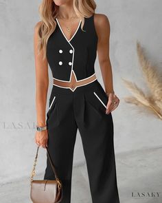 Lasaky - Ensemble: Vest Top with Contrast Binding & Coordinating Straight Leg Pants Nigerian Lace Styles Dress, Mode Hijabi, Dressy Casual Outfits, Stylish Fall Outfits, Double Denim, Classy Work Outfits, Weekend Outfit, Baddie Outfits Casual, Girls Fashion Clothes