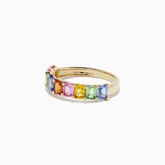 Effy Watercolors 14K Yellow Gold Multi Sapphire Ring, 2.22 TCW Multicolor Emerald Cut Fine Jewelry Rings, Rainbow Multi-stone Rings In 14k Gold, 14k Gold Rainbow Multi-stone Rings, Multicolor 14k Gold Jewelry With Prong Setting, 14k Gold Rainbow Rings With Multi-stone, Multicolor 14k Gold Rings For Anniversary, Multicolor 14k Gold Diamond Ring For Anniversary, 14k Gold Multicolor Diamond Anniversary Ring, 14k Gold Multi-stone Baguette Cut Ring