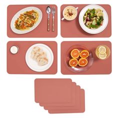 four placemats with different food items on them, including orange slices and salad