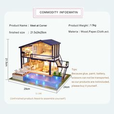 an image of a doll house with furniture and lighting on it's sides, including a swimming pool