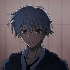 an anime character with grey hair and blue eyes looks at the camera while standing in front of a tiled wall