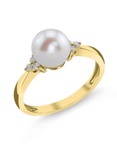 Freshwater Pearl & Diamond Grace Ring - Third Image Pearl White Diamond Pearl Ring With Drop Detail, Pearl White Diamond Ring With Pearl Drop, Pearl Ring With Diamond Accents, White Diamond Ring With Pearl Drop For Anniversary, Classic White Pearl Ring With Diamond Accents, White Pearl Ring With Diamond Accents And Akoya Pearl, White Pearl Ring With Brilliant Cut, Classic Diamond Pearl Ring In Pearl White, Classic Diamond Pearl Ring In White