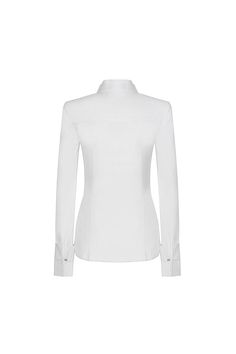 Introducing our shirt, the epitome of luxury and elegance. Made with premium quality cotton, it features a flattering bodycon fit and sophisticated cuff sleeves. Experience the ultimate comfort and style with this timeless piece, perfect for any occasion. Sleek White Fitted Top, Luxury Fitted Evening Tops, Timeless Slim Fit Tops For Office, Elegant Long Sleeve Dress Shirt For Semi-formal Occasions, Timeless Slim Fit Office Tops, Luxury Fitted Tops For Business, Timeless Tailored Tops For Office, Elegant Tailored Shirt For Work, Modern Tops With Concealed Placket