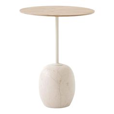 a white table with a wooden top on a white background, it has a round base