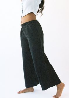 Our favorite everyday pant. Medium weight linen trouser featuring an elasticized waist band and hip pockets. Ankle length with a wide hem. Inseam is ~30". Details: - Barrel shape wide leg. - Tailored mock fly. - Garment washed to increase softness and remove shrinkage. 100% Linen sourced in California Kandia is 5'5" and wears size Small. Louise is 5'8" and wears size Small. Black Cotton Bottoms For Relaxation, Wide Leg Pants For Relaxation In Fall, Black Relaxed Fit Pants For Relaxation, Black Relaxed Fit Casual Pants, Effortless Wide Leg Everyday Bottoms, Black Wide Leg Bottoms For Relaxation, Comfortable Wide Leg Pants For Everyday, Full Length Linen Bottoms For Loungewear, Black Relaxed Fit Bottoms For Relaxation