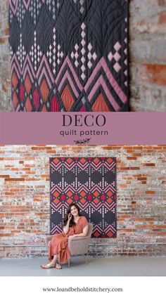 a woman sitting on a chair in front of a brick wall with the words deco quilt pattern