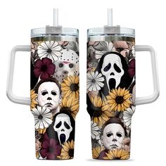 two skulls and sunflowers on a white background with the same color as the mug