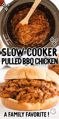 slow cooker pulled bbq chicken recipe in the crock pot with text overlay