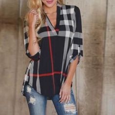 Shop lilyandco's closet or find the perfect look from millions of stylists. Fast shipping and buyer protection. This listing is for black Material polyester S 2-4, M4-6, L 6-8, XL 8-10, XXL 10-12. Poly blend Plaid V-neck Tops For Fall, Trendy V-neck Shirt For Fall, Black Short Sleeve Top For Fall, Trendy Plaid V-neck Top, Trendy Black V-neck Shirt, Fitted Casual Plaid Blouse, Stretch Short Sleeve Shirt For Fall, Black Relaxed Fit V-neck Shirt, Casual Black Long Sleeve Blouse