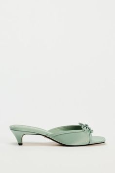 HEELED MULES WITH BOW - Blue | ZARA United States Elegant Summer Slip-on Kitten Heels, Chic Green Kitten Heels For Summer, Elegant Green Kitten Heels For Summer, Summer Synthetic Kitten Heels With Low Heel, Summer Flat Mules With Padded Heel, Summer Synthetic Low Heel Kitten Heels, Casual Kitten Heels With Round Toe For Spring, Casual Spring Kitten Heels With Round Toe, Summer Formal Synthetic Kitten Heels