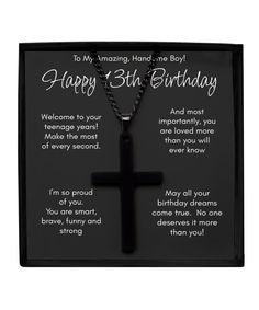 a black cross necklace with the words happy birthday written on it and an inscription that reads,