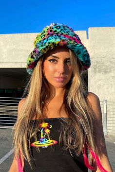 Fur Bucket Hat Outfit, Space Island, Leopard Bucket Hat, Coat Details, Bucket Hat Outfit, Rave Fits, Long Fur Coat, Fur Bucket, Faux Fur Bucket Hat