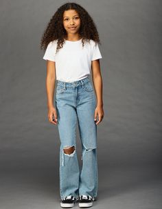 Rsq High Rise Wide Leg Jeans. Zip Fly And Button Closure. Belt Loop Waist. Traditional Five Pocket Styling. Rips At The Knees. Raw Wedge Hem. Slight Distressing At Pockets. High Rise. Wide Legs. Approx. Inseam: 27''. 100% Cotton. Machine Wash. Imported. | Rsq Girls High Rise Wide Leg Jeans Boyfriend Jeans Kids, Pre Teen Outfits Girl, Preppy Tops For School, Jeans For Girls 10-12, Preteen Fashion For Girls, Clothes For 10 Years Old Girl, Pre Teen Girls Outfits, Young Teen Girl Outfits, Preteen Outfits For Girls