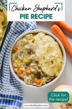 chicken shepherd's pie recipe in a bowl with mashed potatoes and carrots