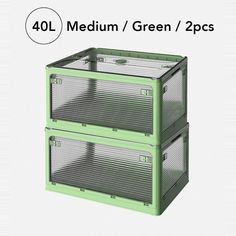 two green plastic containers sitting side by side on top of each other with the words, medium / green / 2 pcs