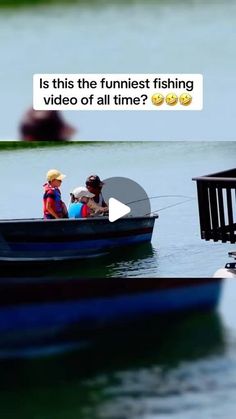 two people in a small boat on the water, one is talking to another person