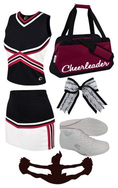 the cheerleader outfit is black and white with red trimmings, two pairs of shoes